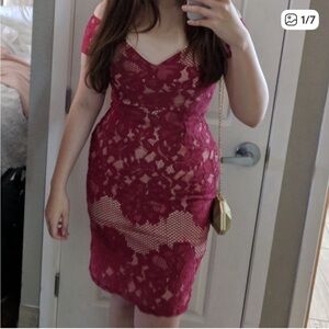 Burgundy Lace Cold-Shoulder Sheath Dress with Beige Lining